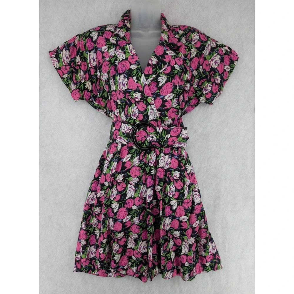 2 VTG Rompers 80s Floral Rayon Belted Fit Flare Pink Blue 7/8 Dolman Sleeve Bold
